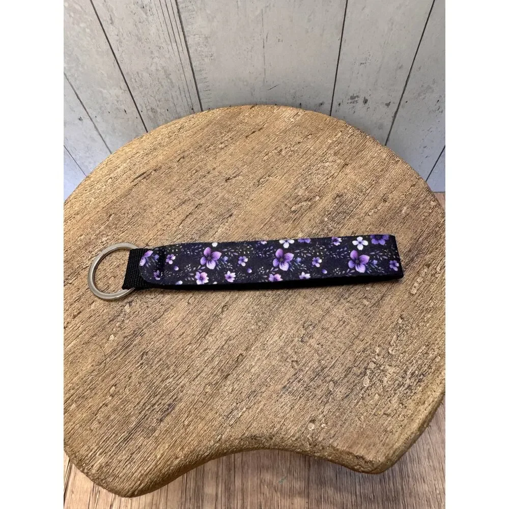 Black Purple Flowers Wristlet Strap Phone Strap Keychain Keyholder